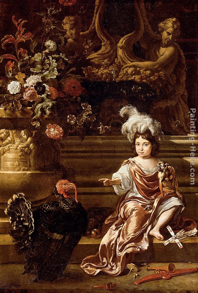 A Boy Seated On A Terrace With His Pet Monkey And a Turkey, A Still Life Of Flowers In A Sculpted Urn At Left painting - Jan Weenix A Boy Seated On A Terrace With His Pet Monkey And a Turkey, A Still Life Of Flowers In A Sculpted Urn At Left art painting